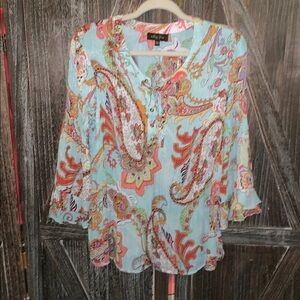 Melissa Paige Blue and Orange 3/4 Sleeve Tie Front Blouse